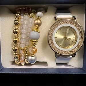 NIB Strada Gold Watch with Champagne Band and Beaded Bracelet Set
